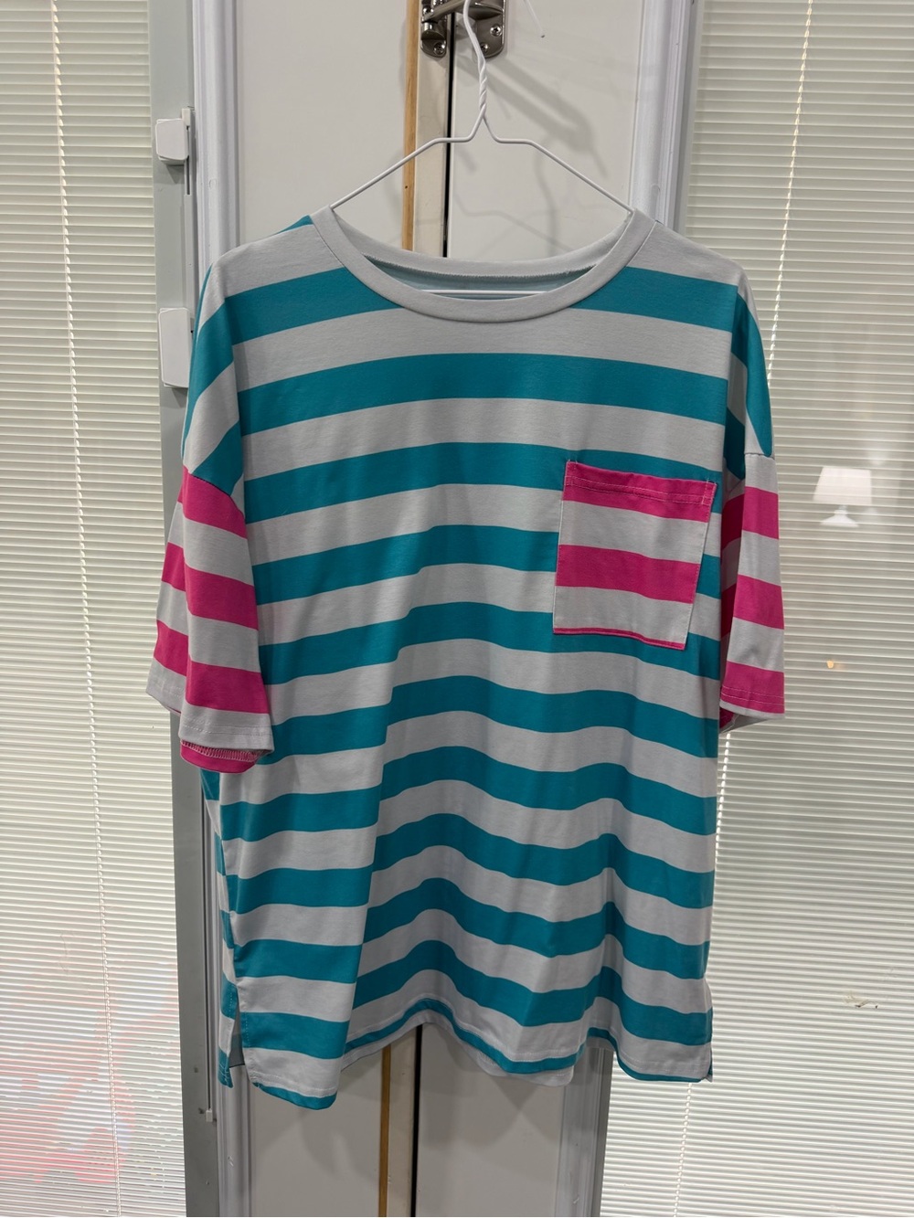 Women’s Striped Teal, Light Gray & Pink Pocket Tee